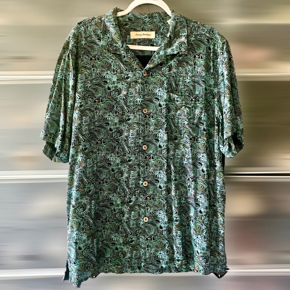 Tommy Bahama Mens Large Tropical Tiki Print Viscose Camp Shirt Black